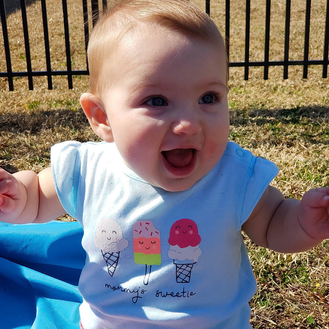 Annaleigh joined the competition — help win amazing prizes! baby, baby_toddler_clothing, cheek, chin, eye, face, facial_expression, finger, hairstyle, hand, happy, iris, mouth, nose, people_in_nature, person, product, skin, sleeve, smile