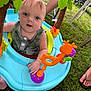 baby, child, blue_eyes, activity_center, toy_giraffe, toy_lion, grass, summer, outdoor, feet, flip_flops, greenery, playtime, infant, cute, curious, person, clothing, hand, foot
