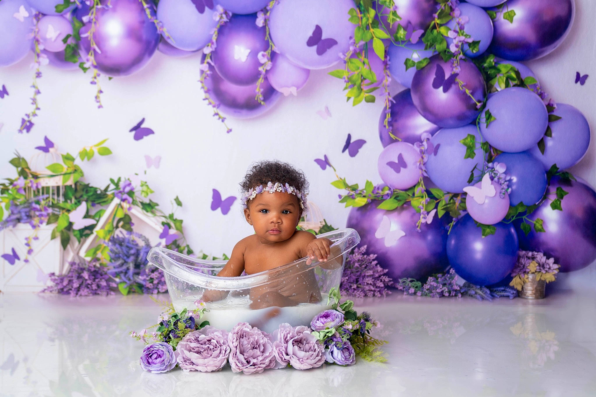 Londynn is registered to the contest to win money with this photo: baby, balloon, cut_flowers, decoration, event, floral_design, flower_arranging, font, fun, graphics, happy, headpiece, headwear, magenta, party_supply, person, petal, photograph, pink, purple