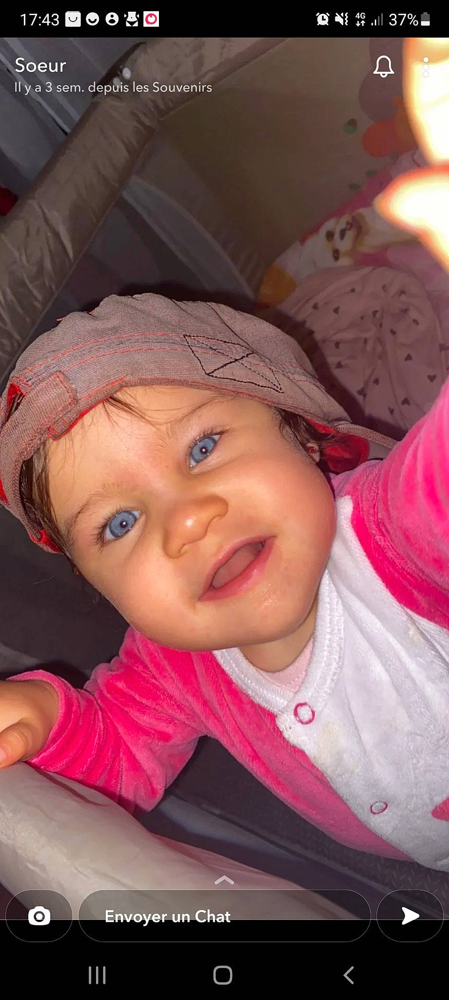 Sheïby participe au concours pour gagner de l'argent avec cette photo : baby, cap, cheek, child, eye, eyebrow, eyelash, face, fun, happy, headgear, headwear, iris, lip, magenta, mouth, nose, person, pink, skin