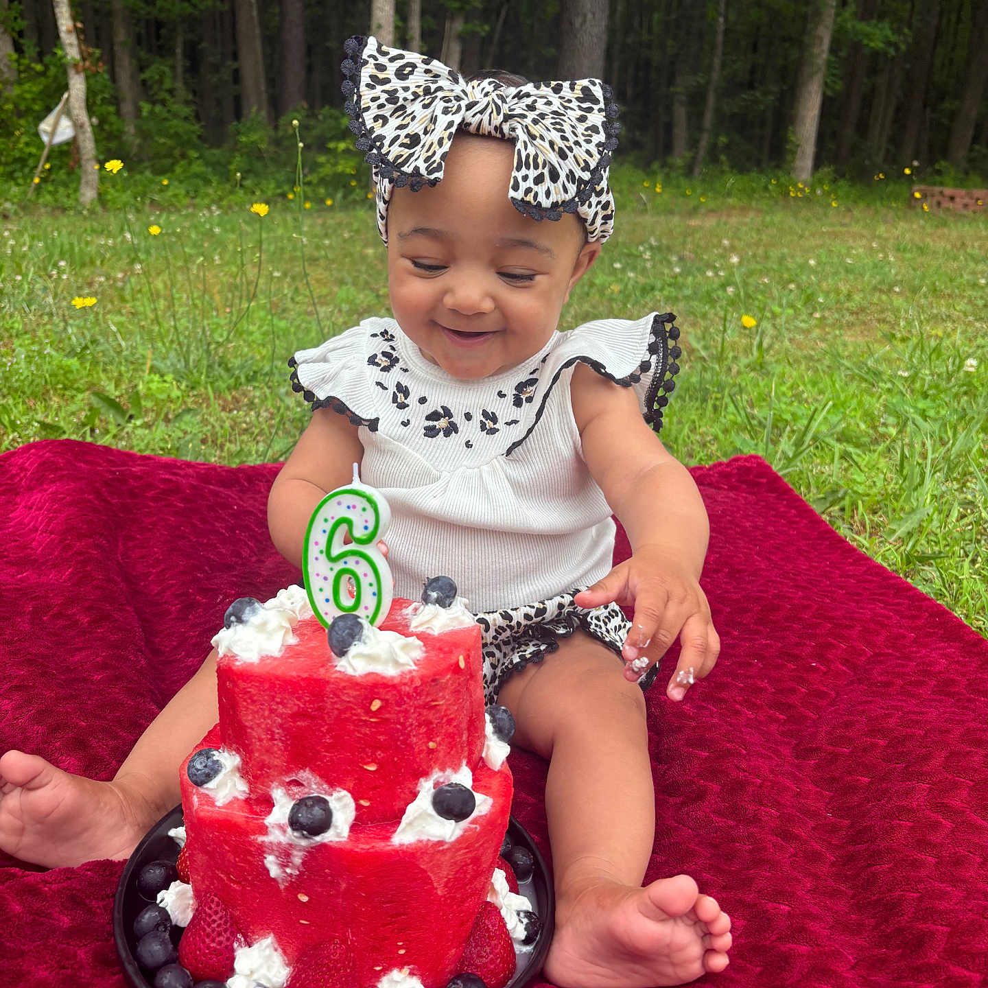 Aurora is registered to the contest to win money with this photo: baby, birthday, blanket, blueberries, bow, candle, celebration, child, cute, grass, happy, headband, nature, outdoor, sitting, smiling, strawberries, trees, watermelon_cake, whipped_cream