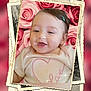 baby, child, clothing, cute, face, flower_background, hair_clip, heart, infant, love, nostalgic, photo_collage, pink, portrait, red, roses, smile, soft_focus, sparkles, vintage_photo