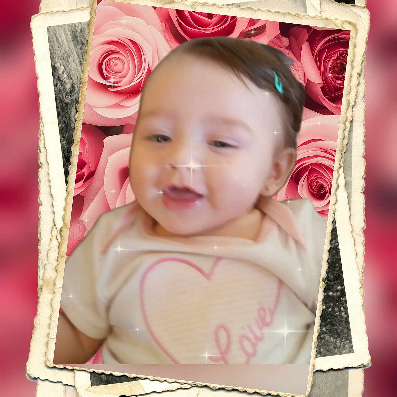 Ivorleigh is registered to the contest to win money with this photo: baby, child, clothing, cute, face, flower_background, hair_clip, heart, infant, love, nostalgic, photo_collage, pink, portrait, red, roses, smile, soft_focus, sparkles, vintage_photo