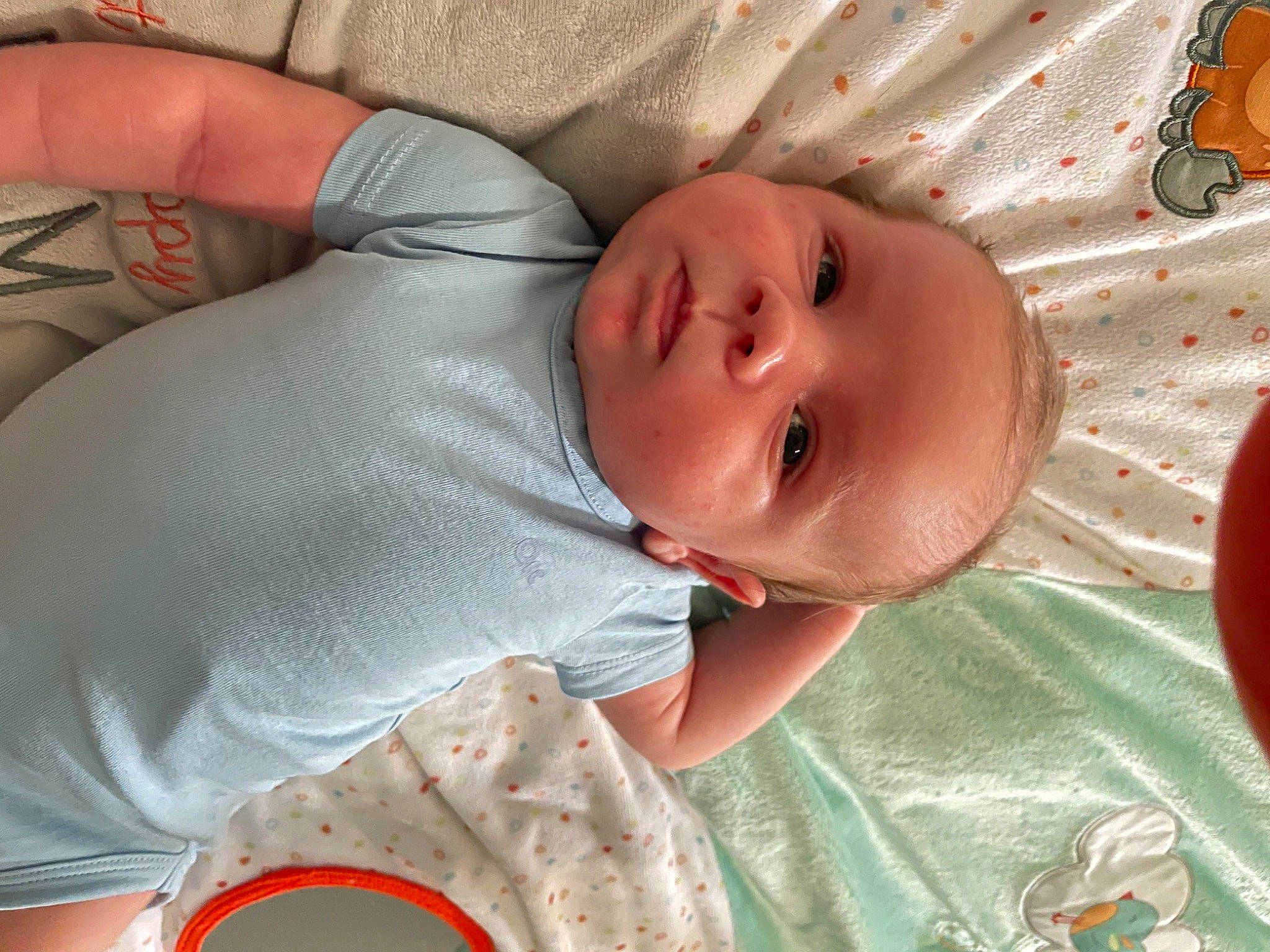 Milan participe au concours pour gagner de l'argent avec cette photo : baby, baby_products, baby_safety, baby_sleeping, baby_toddler_clothing, bedtime, cheek, child, comfort, eye, head, iris, linens, mouth, nose, orange, person, room, skin, smile