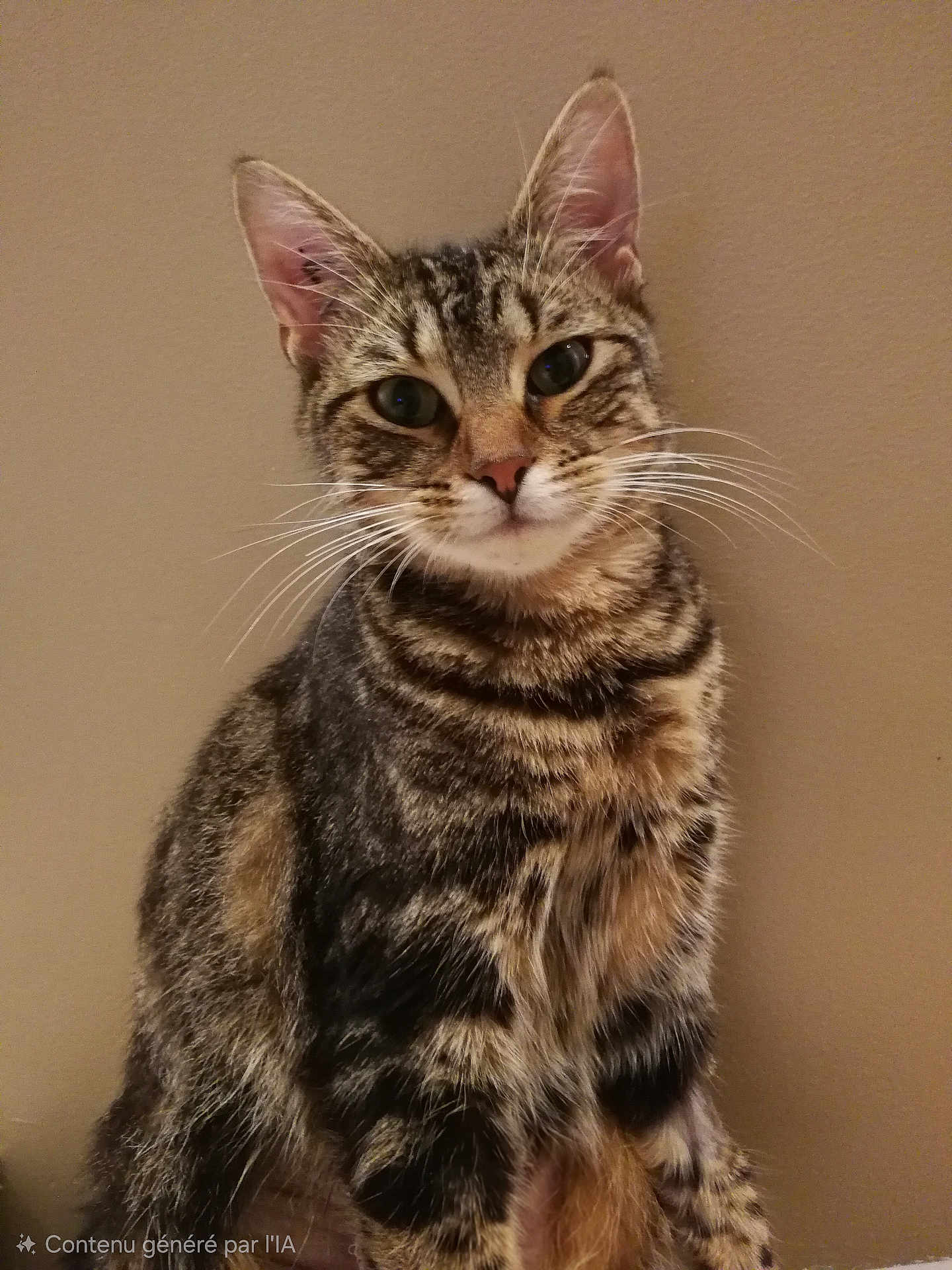 Aprilia a rejoint le concours — aidez-le/la à gagner de superbes lots ! cat, tabby, pet, animal, feline, close_up, portrait, whiskers, ears, fur, sitting, indoor, curious, looking_at_camera, green_eyes, striped, cute, domestic_animal, mammal, calm