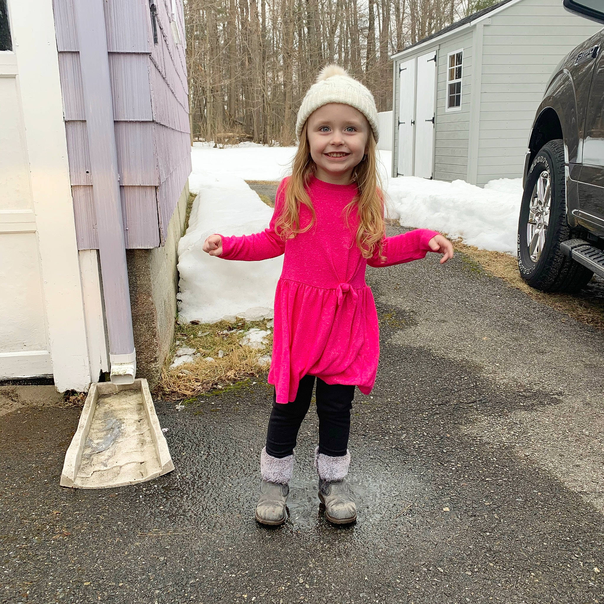 Finley joined the competition — help win amazing prizes! car, child, footwear, headwear, jacket, joy, outerwear, person, pink, plant, play, shoe, snow, standing, toddler, tree, vacation, vehicle, winter