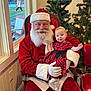 baby, beard, celebration, chair, child, christmas_tree, decoration, festive, glasses, happy, holiday, indoor, lights, person, plaid_dress, red_clothing, santa_claus, seasonal, smile, window