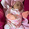 Nova Lynn joined the competition — help win amazing prizes! baby, sleeping, pink, onesie, mittens, headband, blanket, cozy, infant, cute, resting, soft, toddler, child, indoors, portrait, comfort, peaceful, clothing, relaxation
