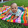 baby, infant, child, blanket, colorful, grass, outdoor, lawn, brick_house, windows, person, sneakers, happy, smiling, cute, portrait, summer, clothing, denim_shorts, nature