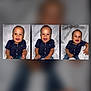 baby, child, smiling, portrait, triptych, navy_blue_shirt, polka_dot, jeans, bracelet, happy, indoor, white_background, cute, infant, sitting, hands, face, eyes, young_child, casual_clothing