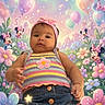Sophia is registered to the contest to win money with this photo: baby, child, headband, flower, striped_clothing, denim_skirt, mickey_mouse, minnie_mouse, balloons, stars, fantasy_background, pastel_colors, flowers, sparkles, cute, portrait, smiling, outdoor_style, whimsical, colorful