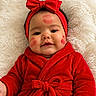 Sophia joined the competition — help win amazing prizes! baby, child, red_bow, red_headband, red_robe, lipstick_marks, face, smiling, infant, cute, fluffy_blanket, portrait, closeup, indoors, adorable, young_child, happy, cozy, headwear, soft_texture