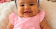 Sophia is registered to the contest to win money with this photo: baby, child, smile, pink_dress, headband, flower, portrait, cute, infant, happy, fluffy_cushion, background_blur, sparkle, toddler, indoors, soft_lighting, closeup, chubby_cheeks, person, celebration