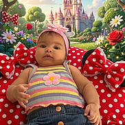 Sophia is registered to the contest to win money with this photo: baby, child, infant, polka_dot, red, mickey_mouse_bow, cushion, flowers, castle, fairytale, garden, greenery, headband, striped_top, denim_skirt, cute, portrait, outdoor, colorful, whimsical