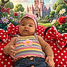 baby, child, infant, polka_dot, red, mickey_mouse_bow, cushion, flowers, castle, fairytale, garden, greenery, headband, striped_top, denim_skirt, cute, portrait, outdoor, colorful, whimsical