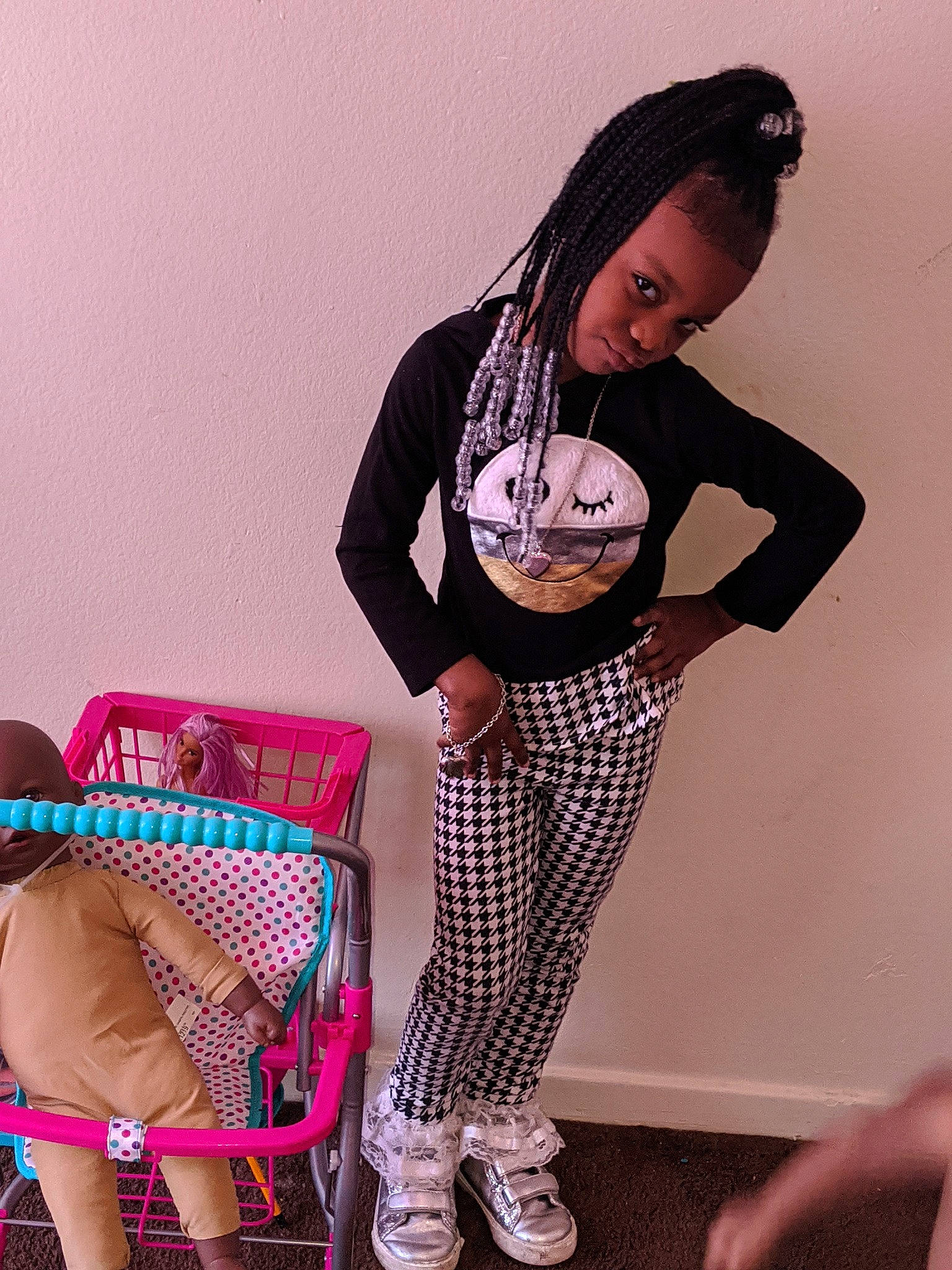 Ame'Lla joined the competition — help win amazing prizes! abdomen, black_hair, child, clothing, fashion, knee, leg, leggings, magenta, person, photo_shoot, pink, shoe, sitting, t_shirt, tights, trunk, waist