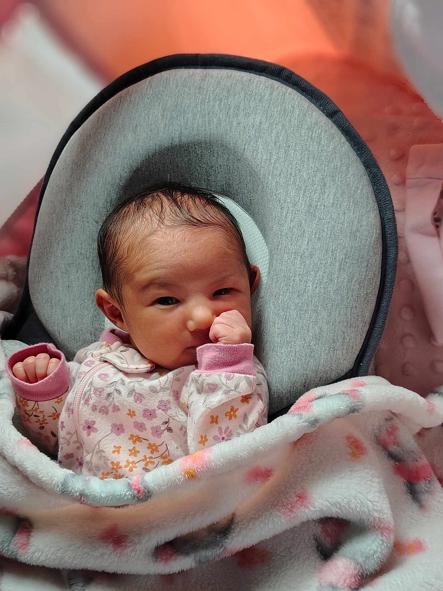 Zayla joined the competition — help win amazing prizes! baby, infant, blanket, onesie, cushion, face, person, indoors, cute, newborn, sleepwear, soft, resting, portrait, child, cozy, comfort, small, hands, expression