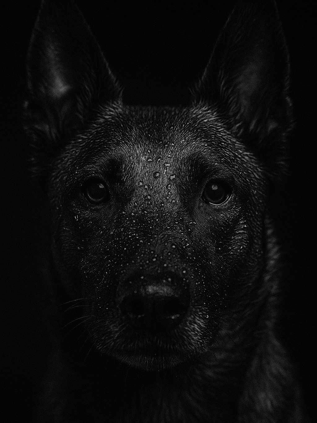 Nala a rejoint le concours — aidez-le/la à gagner de superbes lots ! animal, black_background, canine, close_up, dark, dog, dramatic_lighting, ears, expression, eyes, face, fur, head, intense, moisture, pet, portrait, studio, texture, wet