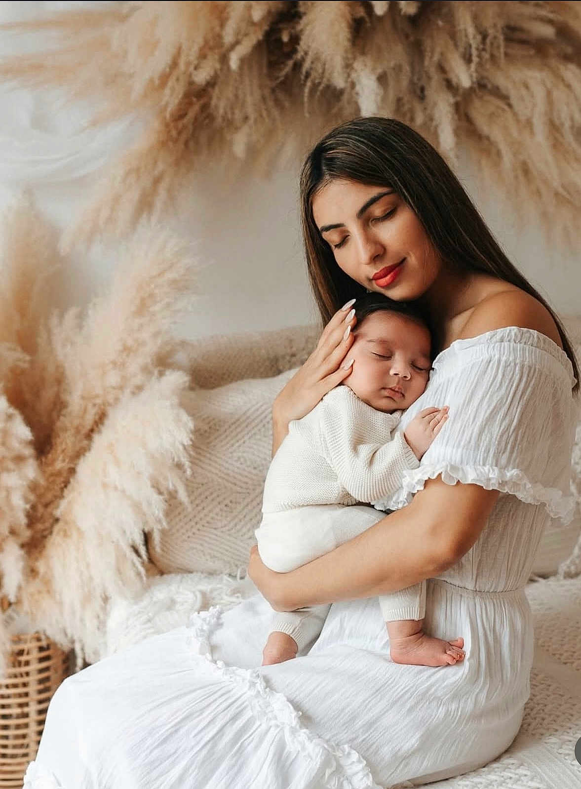 Iacov joined the competition — help win amazing prizes! mother, baby, sleeping, woman, child, white_dress, indoor, pampas_grass, soft_lighting, calm, love, family, portrait, holding, cozy, relaxed, natural_light, tenderness, skin, cuddle