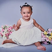 Serenity joined the competition — help win amazing prizes! toddler, child, smiling, dress, white_dress, flowers, bouquet, pink_flowers, yellow_flowers, sitting, happy, cute, hair_buns, studio, portrait, baby, soft_rug, innocent, pretty, celebration