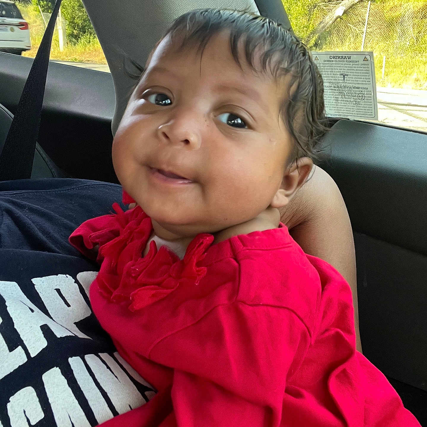 Hope is registered to the contest to win money with this photo: baby, child, red_clothing, car_interior, seatbelt, person, portrait, cute, smiling, window, daylight, nature_outside, holding, happy, face, infant, casual, travel, young, human