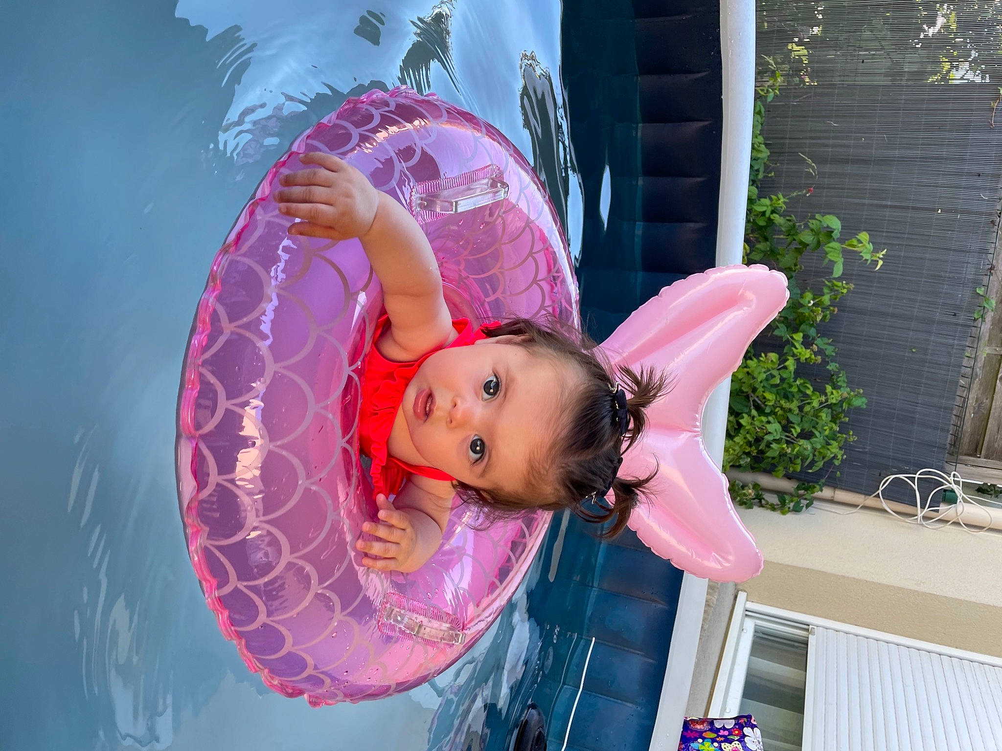 Luna participe au concours pour gagner de l'argent avec cette photo : baby_toddler_clothing, child, dress, event, flowerpot, fun, happy, houseplant, leisure, magenta, party_supply, person, pink, plant, purple, recreation, smile, toddler, tree, water