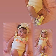 Angelis joined the competition — help win amazing prizes! baby, infant, child, portrait, collage, yellow_outfit, headband, flower, pink_blanket, lying_down, smiling, face, indoor, close_up, fashion, baby_clothing, soft_lighting, multiple_photos, adorable, photography