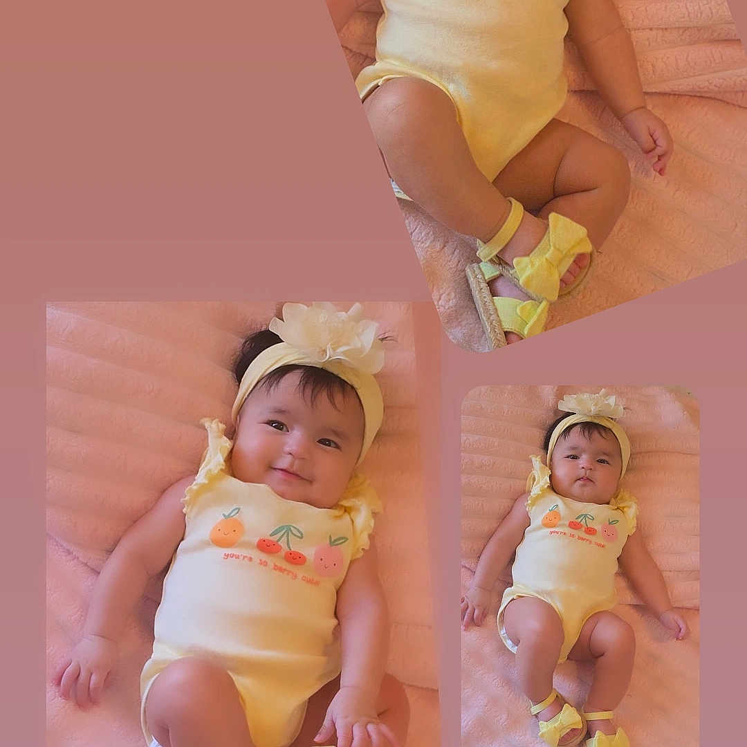 Angelis joined the competition — help win amazing prizes! baby, infant, child, portrait, collage, yellow_outfit, headband, flower, pink_blanket, lying_down, smiling, face, indoor, close_up, fashion, baby_clothing, soft_lighting, multiple_photos, adorable, photography