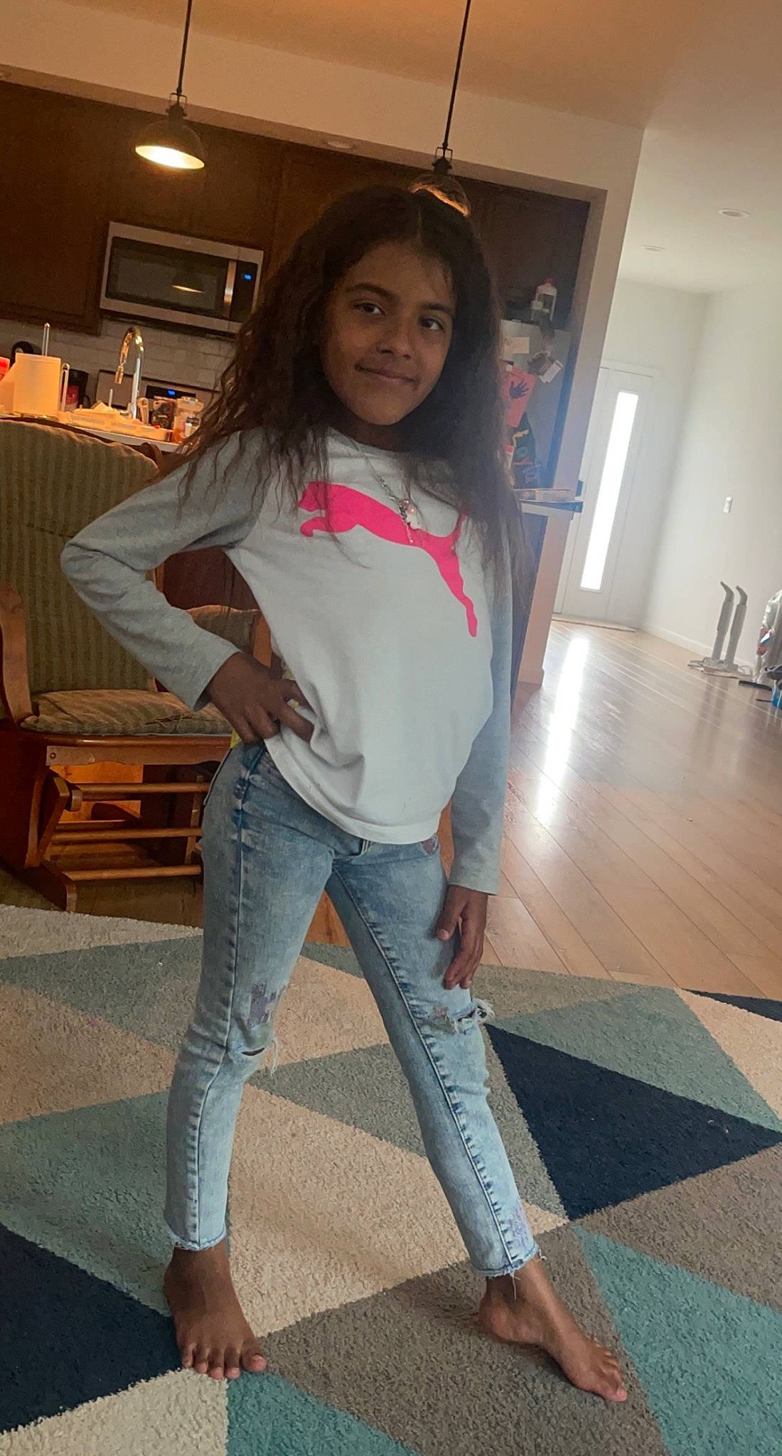 Amia joined the competition — help win amazing prizes! abdomen, belt, brown_hair, chair, denim, fashion_design, flooring, fun, human_leg, joint, joy, knee, long_hair, person, shoulder, sleeve, smile, sunglasses, thigh, trunk