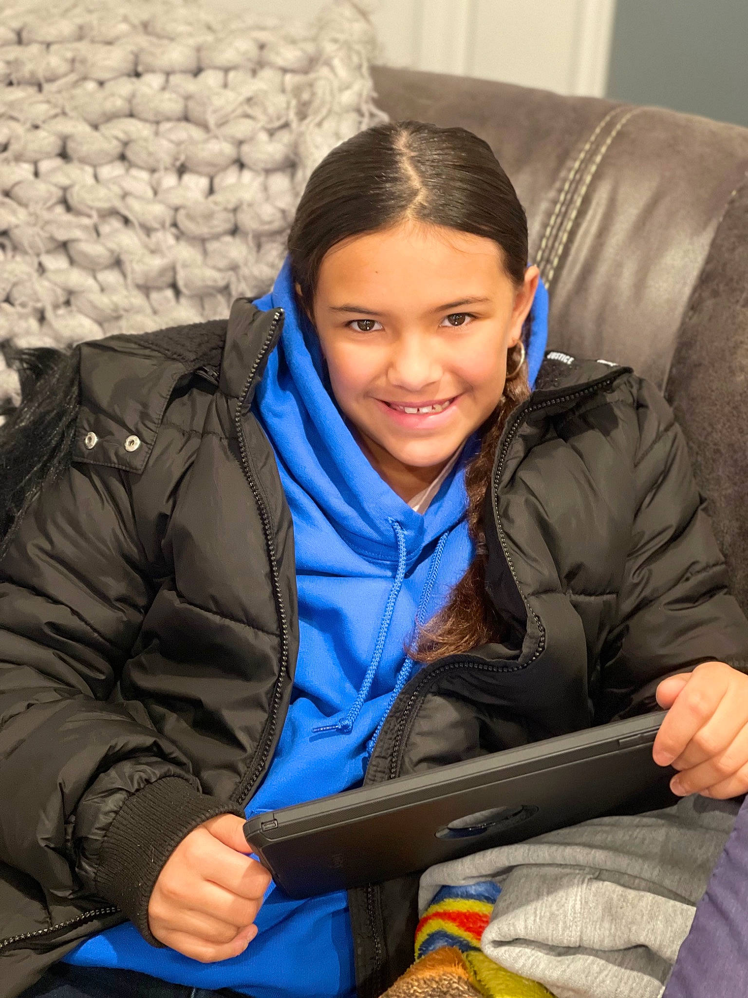 Da Layla joined the competition — help win amazing prizes! child, comfort, electric_blue, fun, fur, human_body, jacket, joy, lap, leather, leisure, netbook, outerwear, person, sitting, sleeve, smile, travel, white_collar_worker, winter