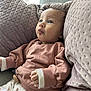 Naya a rejoint le concours — aidez-le/la à gagner de superbes lots ! baby, infant, blue_eyes, drool, sweater, floral_pants, cushions, plush, indoor, natural_light, soft_fabric, cute, child, cozy, comfort, portrait, seated, looking_up, skin, hand