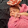 newborn, baby, sleeping, pink, headband, flower, wrapped, blanket, soft, peaceful, infant, cute, portrait, closeup, skin, hand, resting, indoors, fabric, child