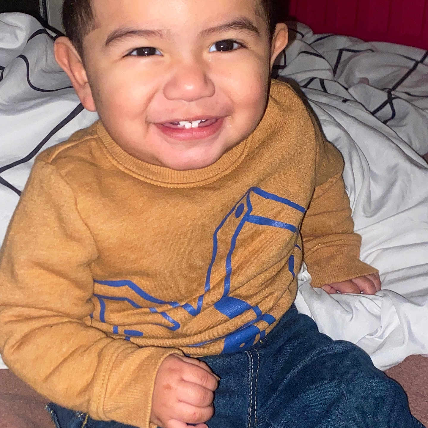 Israel Iii joined the competition — help win amazing prizes! baby, babylaughing, bed, bedroom, bodypart, clothing, face, furniture, happy, head, indoors, jeans, laughing, mouth, pants, person, photography, portrait, smile, teeth