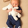 Kailas joined the competition — help win amazing prizes! baby, infant, stuffed_animal, bunny, blue_clothing, striped_socks, lying_down, milestone, one_month, cute, child, soft_toy, fabric_number, text_overlay, portrait, indoor, newborn, cuddly, warm_colors, person