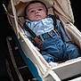 baby, infant, blue_shirt, denim_jeans, suspenders, baby_carriage, vintage, pram, face, portrait, clothing, sitting, wheels, fabric, child, cute, indoor, dark_background, person, newborn