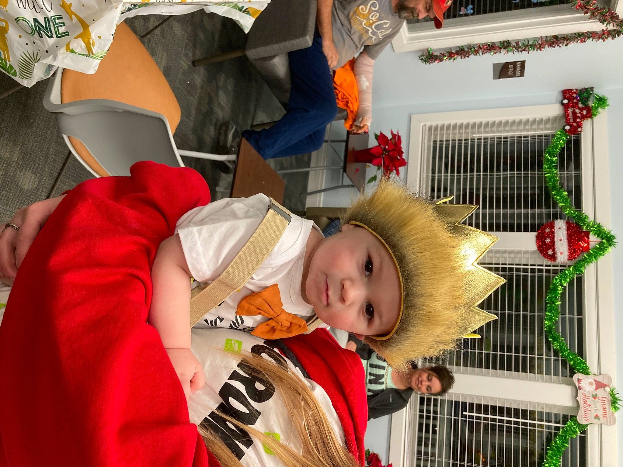 Salem is registered to the contest to win money with this photo: baby, baby_products, baby_safety, baby_toddler_clothing, child, event, fun, headwear, holiday, joy, orange, people, person, red, room, toddler, white