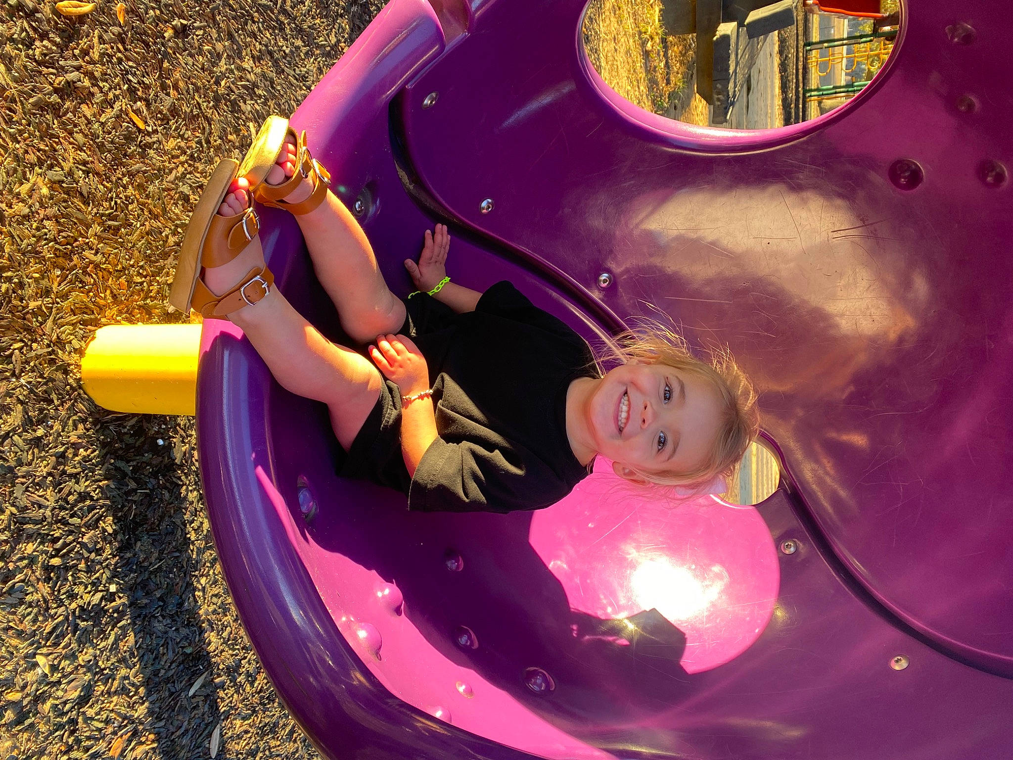 Laura is registered to the contest to win money with this photo: child, chute, circle, city, fun, games, grass, happy, inflatable, joy, leisure, light, magenta, outdoor_play_equipment, person, pink, play, playground, purple, recreation