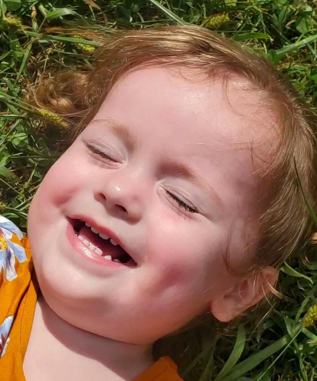 Ellie is registered to the contest to win money with this photo: cheek, child, chin, ear, face, facial_expression, forehead, grass, happy, head, joy, laugh, lip, mouth, nose, organ, person, skin, smile, toddler
