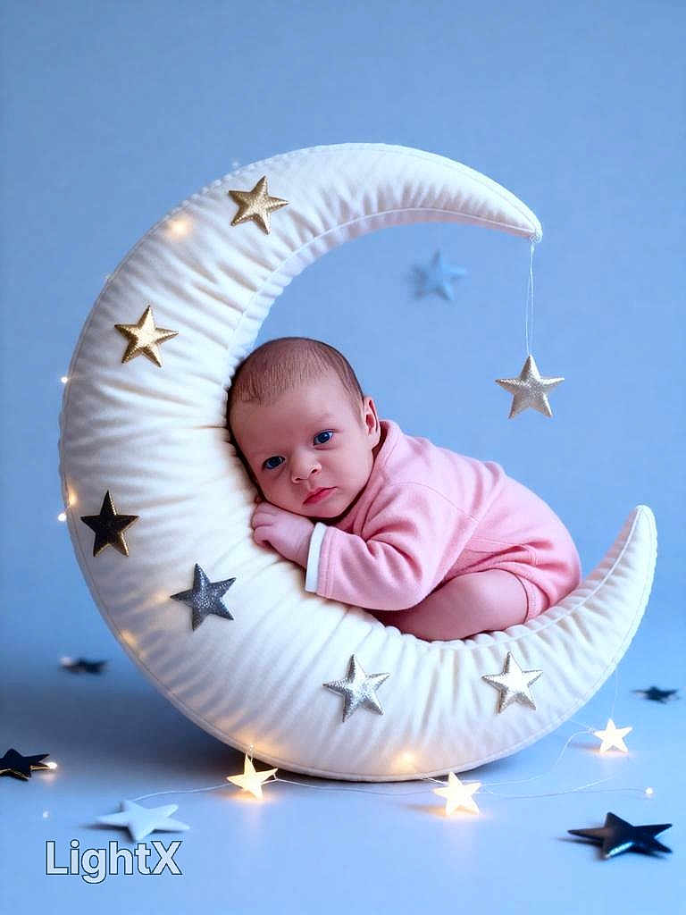 Ashley a rejoint le concours — aidez-le/la à gagner de superbes lots ! baby, blue_background, calm, child, cozy, crescent_moon, cute, decorative_pillow, glowing_lights, indoor, infant, newborn, pink_clothing, portrait, resting, sleepy, soft_lighting, soft_texture, star_decorations, studio_shot
