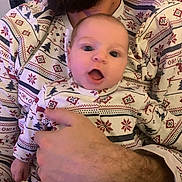 Charlie participe au concours pour gagner de l'argent avec cette photo : baby, adult, beard, pajamas, matching_clothes, holiday_theme, patterned_clothing, hand, surprised_expression, indoor, close_up, person, holding, face, festive, cozy, celebration, family, warm, sitting