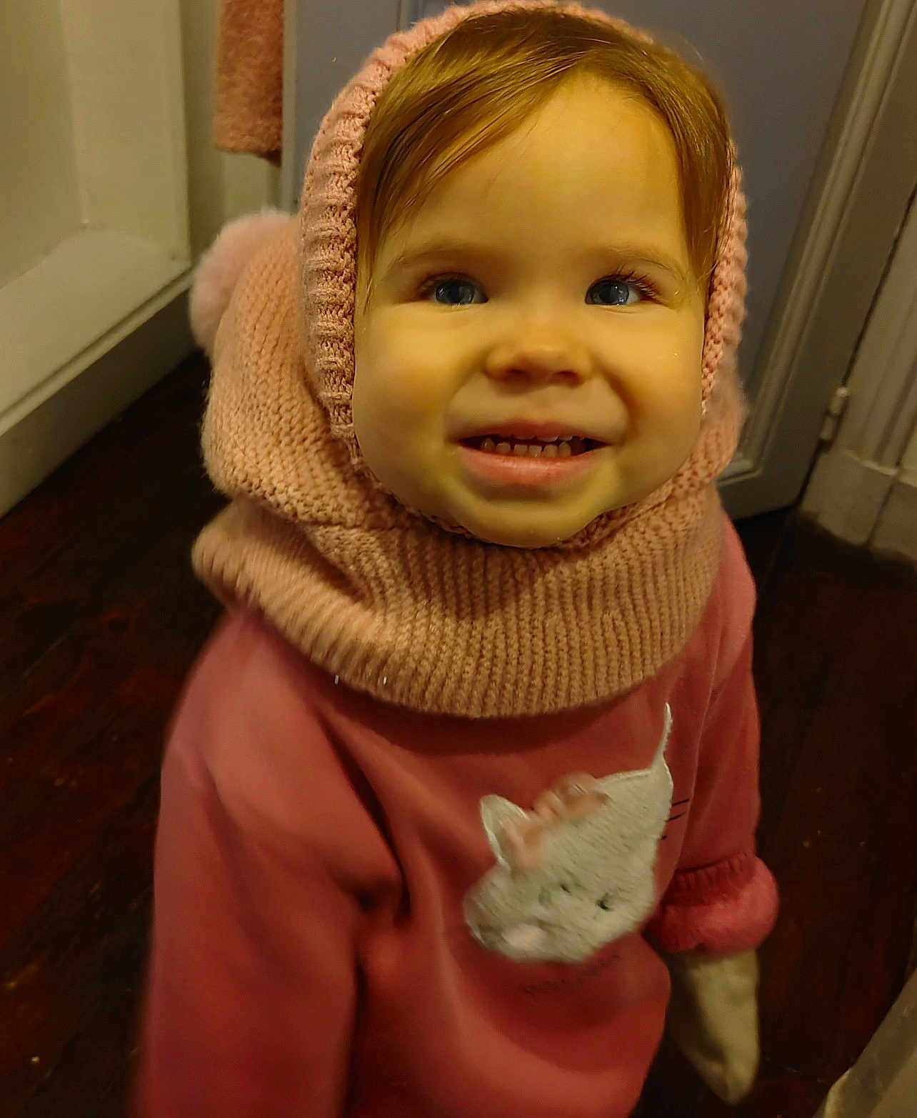 Romane a rejoint le concours — aidez-le/la à gagner de superbes lots ! toddler, child, smile, blue_eyes, knit_hood, pink_sweater, cat_design, indoor, wooden_floor, door, warm_clothing, cute, portrait, baby_teeth, happy, cozy, young_child, face, person, apparel