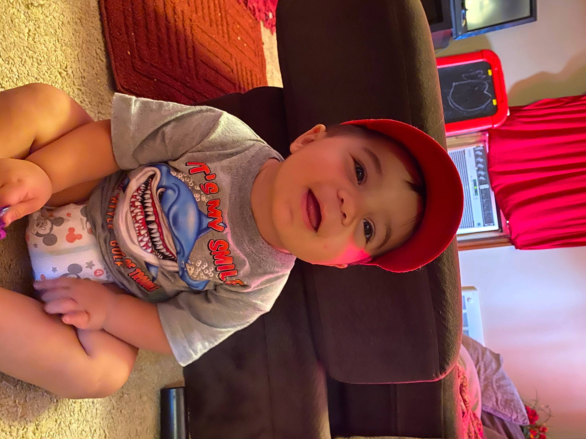 Zeb is registered to the contest to win money with this photo: child, headwear, mouth, person, toddler