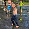 child, children, boy, playing, water, splash_pad, outdoor, park, barefoot, wet, jeans, shorts, greenery, summer, fun, friends, happy, casual_clothing, sunlight, pavement