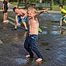 child, children, boy, play, water, fountain, park, outdoor, summer, wet, barefoot, jeans, shorts, greenery, bench, fun, happy, splash, sunny, casual