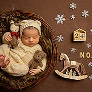 Noah Ceto a rejoint le concours — aidez-le/la à gagner de superbes lots ! newborn, baby, sleeping, knitted_outfit, basket, fur, stuffed_animals, bear_ears, snowflakes, wooden_letters, rocking_horse, snow_globe, calendar_block, brown_background, cozy, winter_theme, cute, portrait, infant, decor