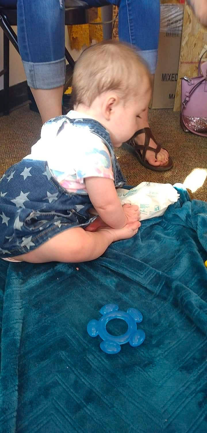 Lorraine joined the competition — help win amazing prizes! baby, baby_toddler_clothing, black, blue, child, electric_blue, fun, hairstyle, iris, lap, linens, mammal, pattern, people, person, product, sitting, skin, snapshot, t_shirt