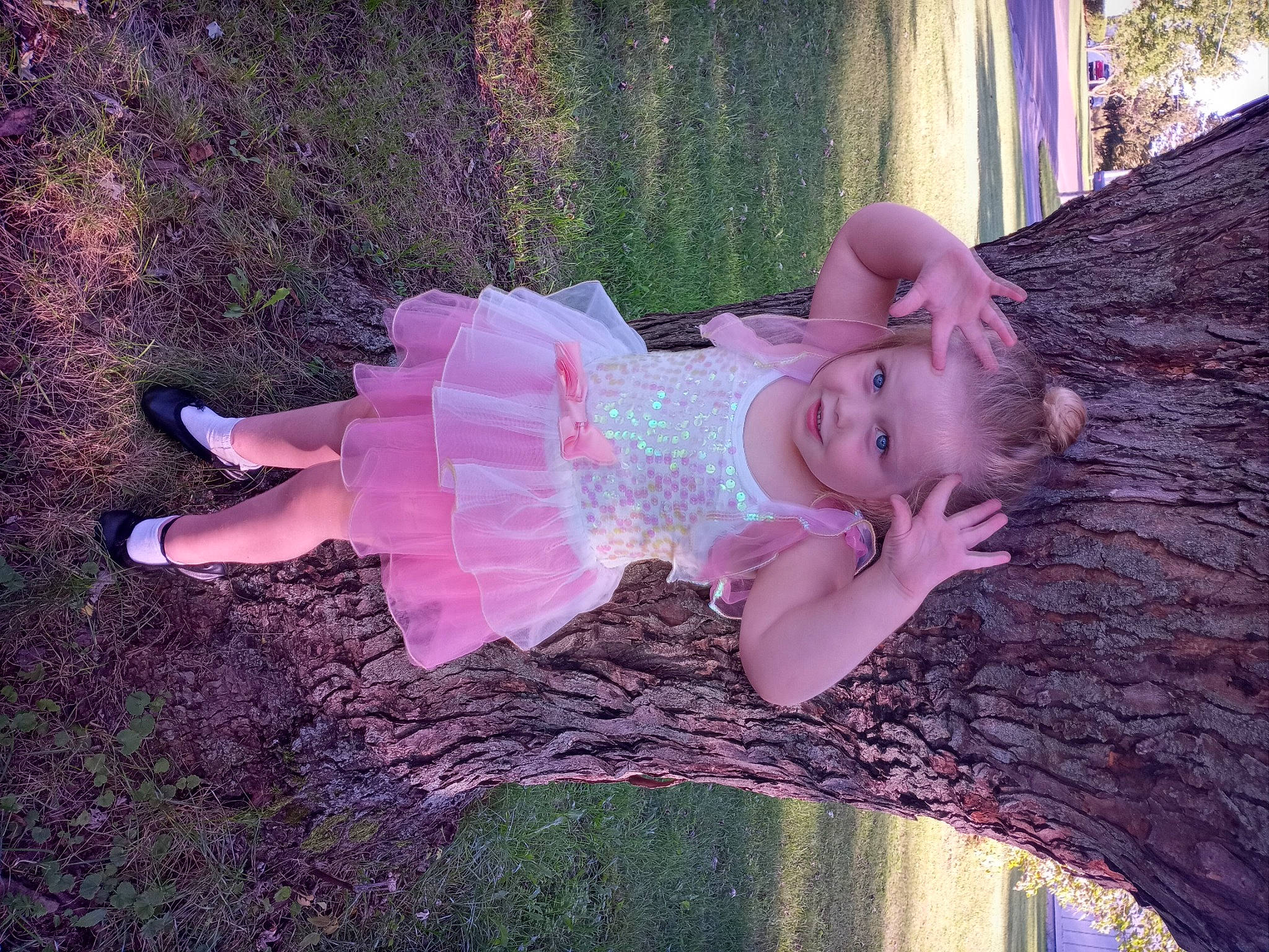 Aubrey is registered to the contest to win money with this photo: costume, dress, fun, garden, grass, happy, headpiece, joy, lawn_ornament, leisure, magenta, people_in_nature, person, petal, pink, plant, purple, toy, tree, trunk