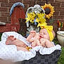 baby, basket, doll, yellow_bow, flower, statue, rocking_horse, grass, brick_wall, sunflower, outdoor, plant_pot, greenery, child, cute, toy, headband, garden, expression