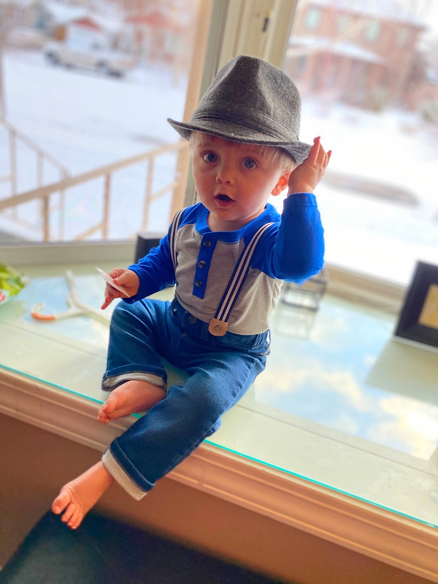Kyren joined the competition — help win amazing prizes! ankle, baby, baby_toddler_clothing, barefoot, child, cloche_hat, costume_accessory, costume_hat, denim, fedora, finger, foot, hat, headwear, overall, person, play, sock, sun_hat, surprise