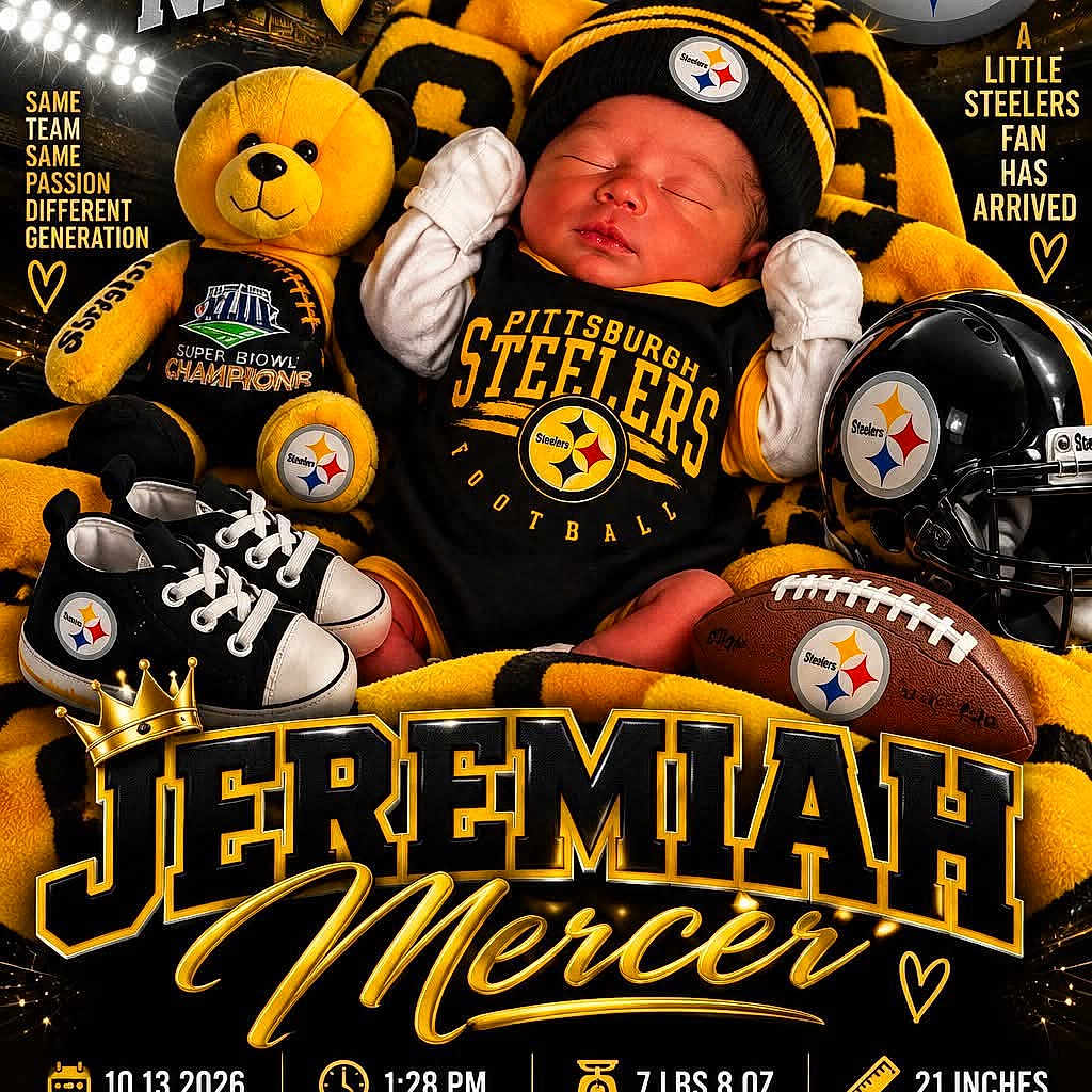 Jeremiah is registered to the contest to win money with this photo: newborn, baby, sleeping, portrait, pittsburgh_steelers, football, sports, sports_fan, teddy_bear, helmet, sneakers, sports_jersey, black_and_gold, blanket, birth_announcement, stadium_lights, city_skyline, graphic_design, text, safe